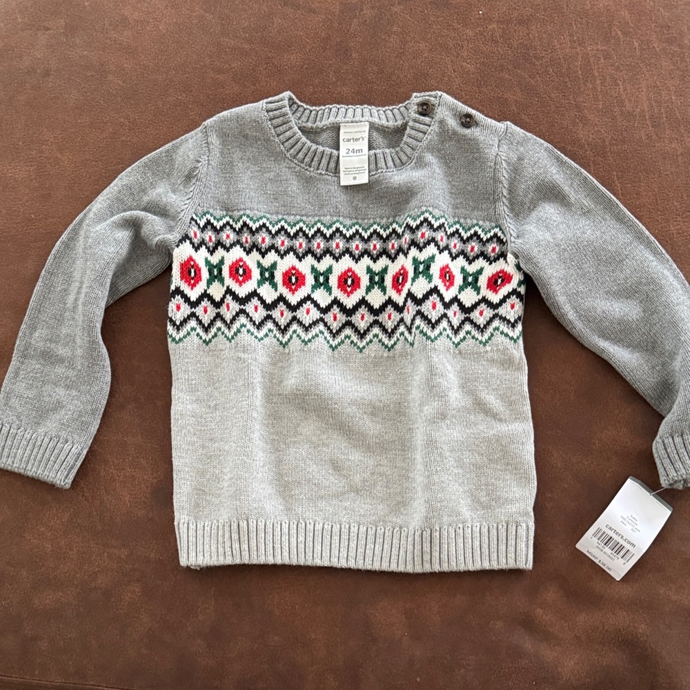 Carter's Gray Sweater with Red and Green Pattern